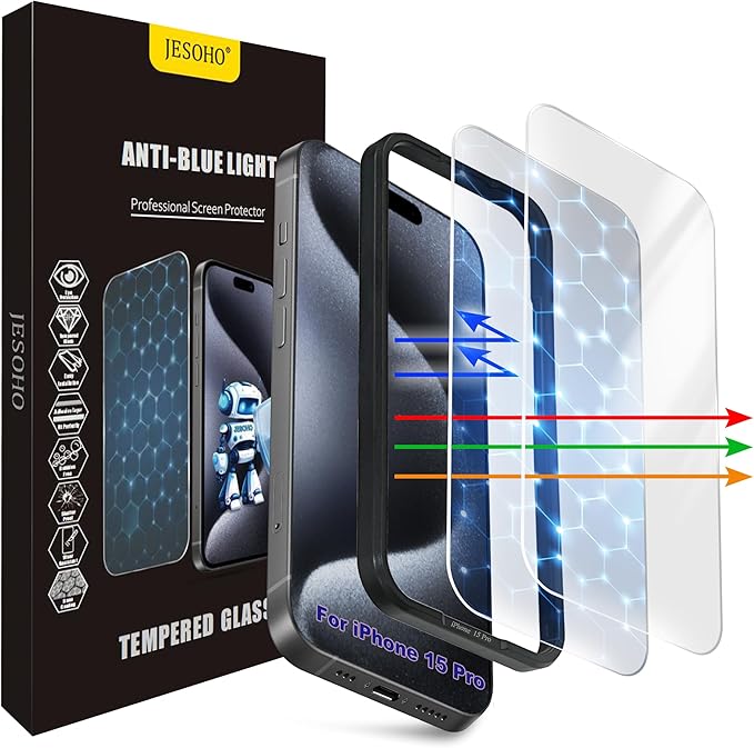 Screen Protector for iPhone 15 Pro [6.1 Inches],2 pcs Colorless Anti-Blue Light Tempered Glass Films, HD Clear, 9H Hardness, No Bubbles, Case Friendly