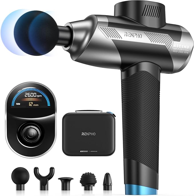 RENPHO Ascend Professional Massage Gun, Adjustable 6-12mm Amplitude for Customized Intensity, Deep Tissue Percussion Massager with 5 Speeds, 5 Attachments, Travel Case, FSA Eligible HSA