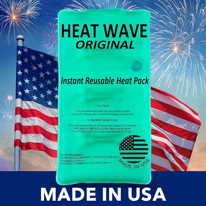 HEAT WAVE Instant Heat Packs Medium (5×9”)- Medical Grade Reusable Green 2-Pack Fast and HOT - Made in USA for Muscle Aches, Back, Arm, Shoulder, Pain Relief, Warmth on The Go; Heating Pad Click Heat