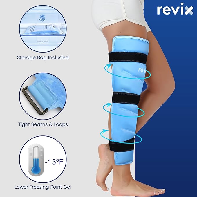 REVIX Full Leg Ice Pack Wrap Around Entire Leg, Reusable Gel Cold Wrap for Hip, Thigh and Knee, Soft Cold Compress Ice Pack Sleeve with 3 Straps (Pack of 2)