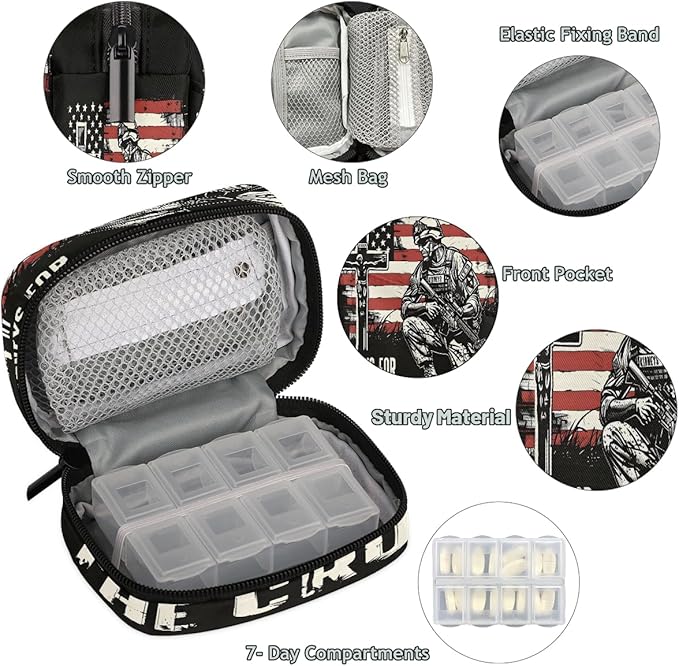 American Flag Memorial Cross Travel Pill Organizer Box Weekly Portable Pill Case Daily Pills 7 Day Small Birth Control Pills Container Removable Compartments for Medicine Vitamins Fish Oil