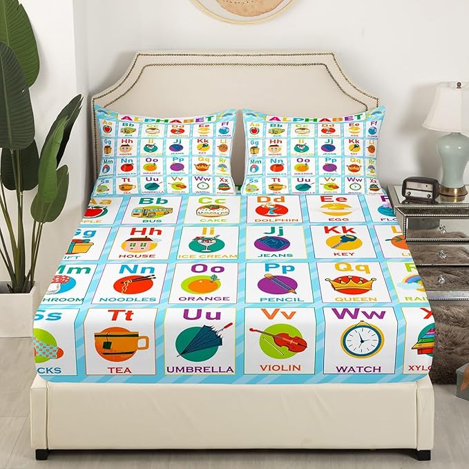 ABC Alphabet Fitted Sheet Queen Size, Kids Toddler Learning Time Bed Sheet Set Educational Learning Bed Cover Lightweight