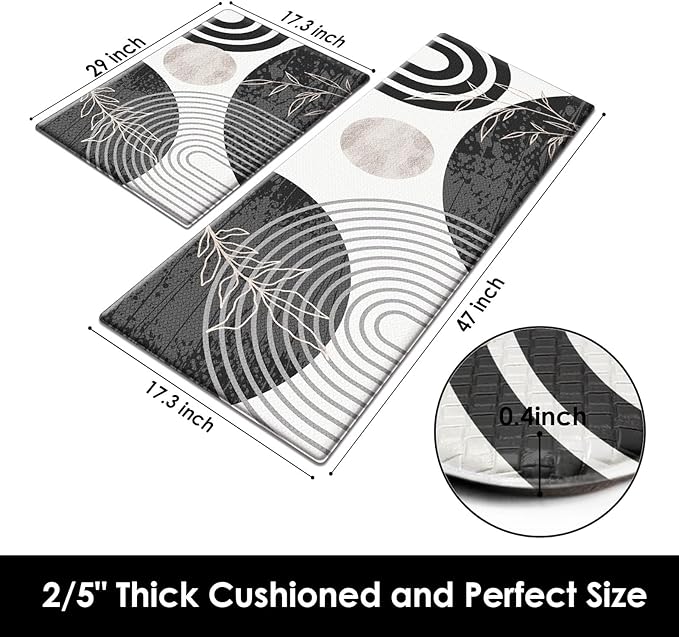 Kitchen Mats for Floor 2 PCS, Anti Fatigue Mat Set, Boho Cushioned Non Slip Waterproof Kitchen Rugs, Wipe Clean PVC Leather Runner for Sink, Laundry, Office, 17"x47"+17"x29", Black