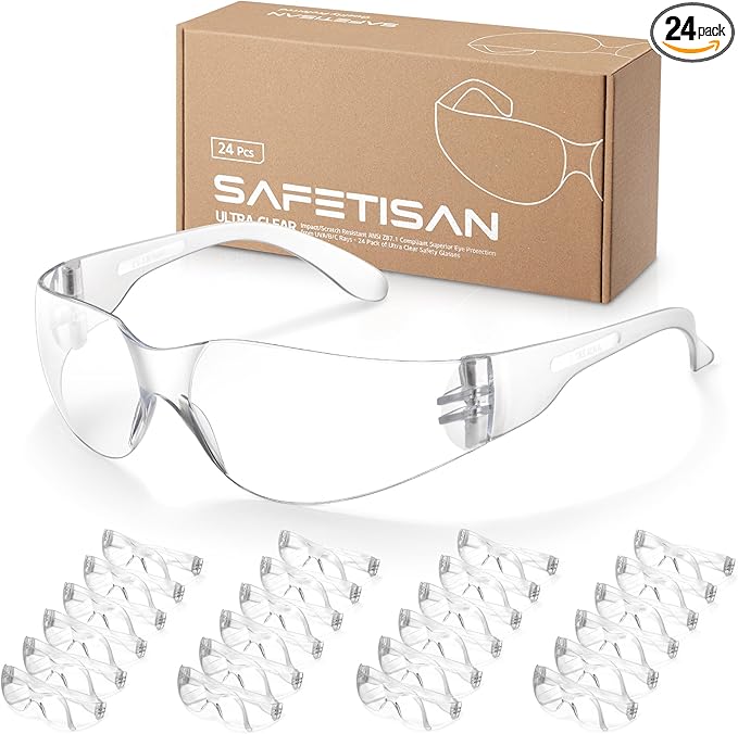 Clear Safety Glasses for Men Bulk of 24, Crystal Safety Goggles, Scratch Impact Resistant Meets ANSI Z87.1 Standard, Protective Eyewear Polycarbonate for Construction, Shooting, Lab Work