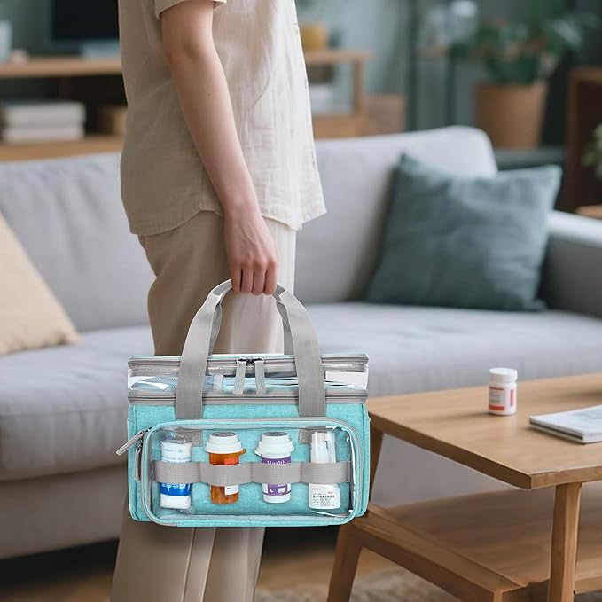 LUXJA Double-Layer Medicine Bag with Transparent Compartment, Pill Bottle Organizer with Detachable Divider (Suitable as a Home or Travel Medicine Bag), Blue