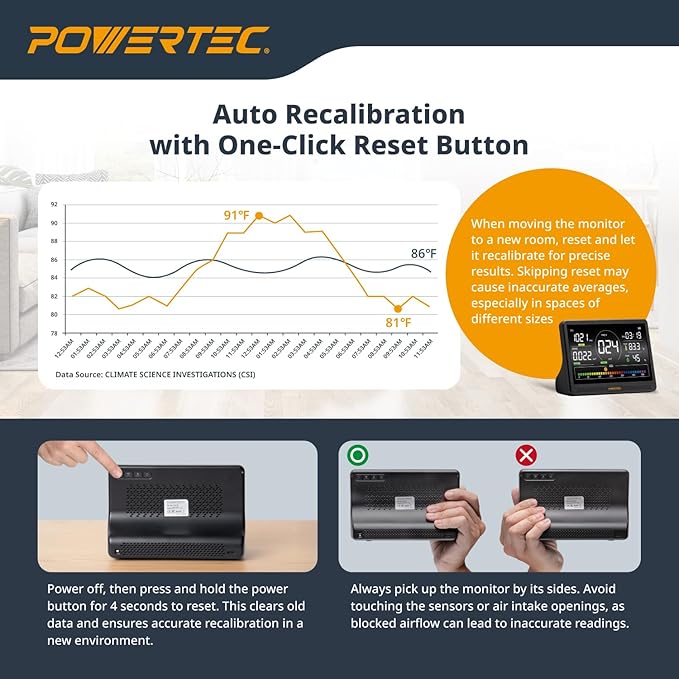 POWERTEC AD1001 Air Quality Monitor with 7" LCD Display - Multi-Sensor CO₂, PM2.5, PM10, TVOC, HCHO, Detector, NDIR Sensors, Rechargeable Indoor/Workshop Air Monitor