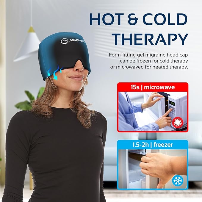 2 Pack - Migraine Relief Cap Ice Head Wrap and Hat | Hot/Cold Gel Pack with Face and Eye Mask Compress for Headache Relief - Black 2 Pack
