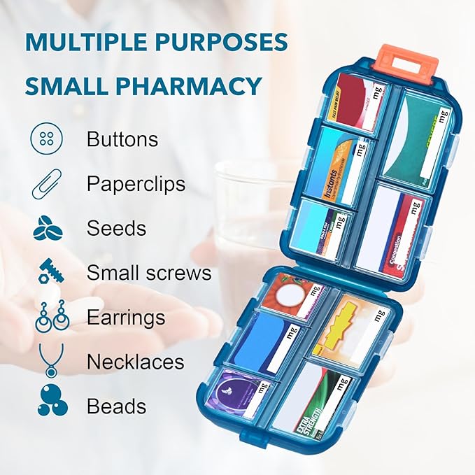 1 Pack 10 GRIDS Travel Pill Organizer Box with 189 Labels - Travel Medicine Case Kit - Pocket Daily Pharmacy Container - Travel Medication Holder Dispenser for Fish Oil Vitamin Supplement Storage