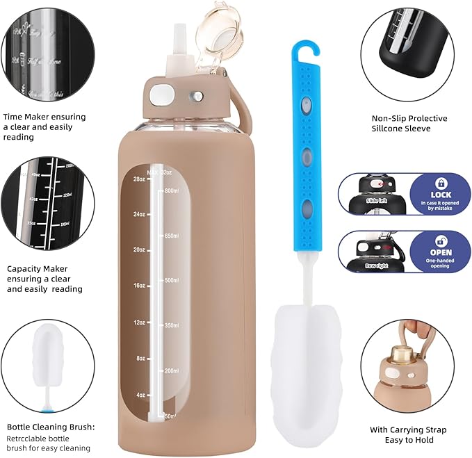 SIEROZUR 32 oz Glass Water Bottle with Straw and Handle 1 Liter Glass Water Bottle with Silicone Sleeve and Time Marker Sports Water Jug Wide Mouth for Travel Gym