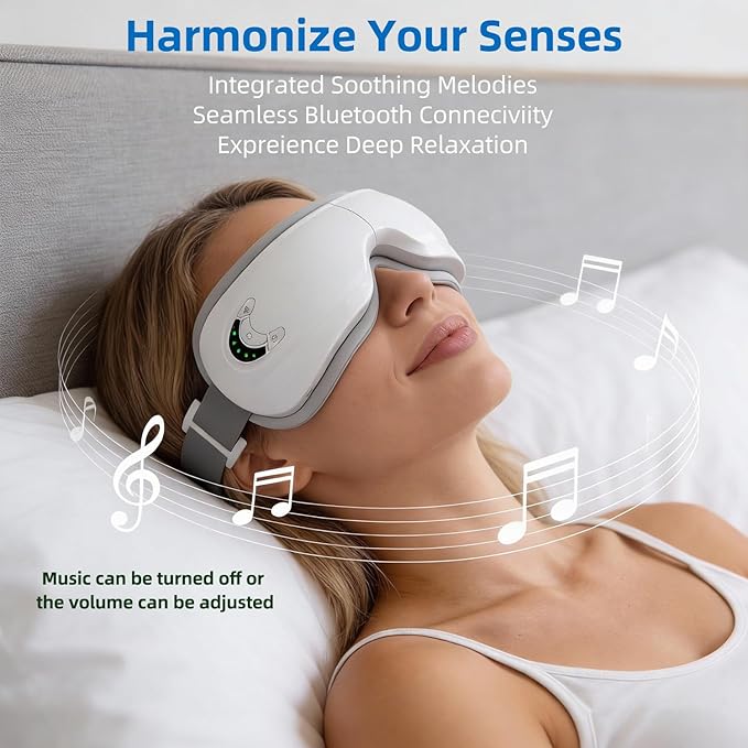Eye Massager with Heat and Music, Relaxation and Stress Relief Device. Heated Eye Mask Massage for Migraines & Headache Relief, Reduce Dry Eyes Improve Sleep. Birthday Gifts for Women Men Mom Dad Her