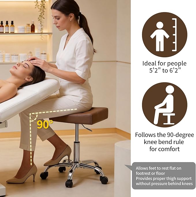 Vanity Stool with Wheels (Adjustable Height 17-21 inch) (300lbs Capacity) Faux Leather Nail Tattoo Vanity Massage Stool (Coffee Brown)