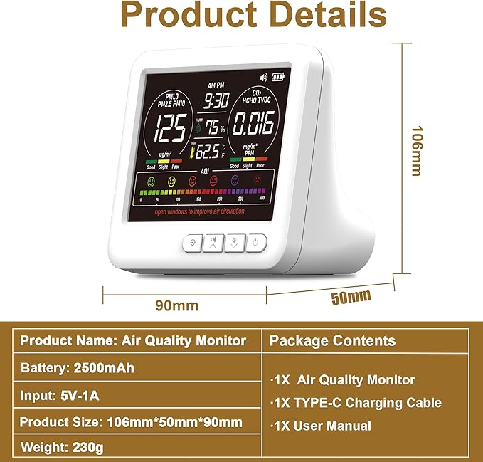 Professional Indoor Air Quality Monitor with 7X AQI Alarms,16 in 1 Portable Real-Time Detector for PM2.5 | PM10 | CO2 | TVOC | HCHO | Temp | Hum for Home Cars Plants Pets