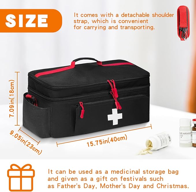 Boczif First Aid Kit, First Aid Storage Carry Bag, Pill Bottle Organizer for Emergency Trauma Medical Kits Supplies Waterproof, Ideal for Home, Travel, Outdoor, Camping (black with shoulder strap)