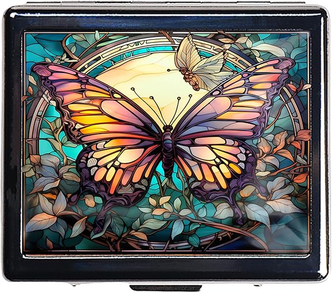 7 Days Chromed Shiny Silver Pill Organizer with Mirror Inside Has 8 Separate Compartments Rectangle 7 Days Pill Box Pill Case (Colorful Butterfly)