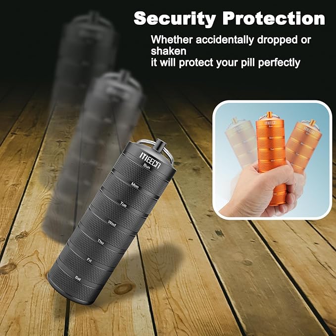 Weekly Metal Pill Organizer for Outdoor Travel, Aluminum, Waterproof, That is Shockproof and Has Large Compartments for Storing Vitamins, Fish Oil, Emergency Pills (Black)