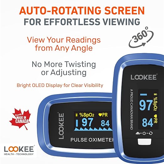LOOKEE LK50D1 Deluxe Fingertip Pulse Oximeter - Finger SpO2 Blood Oxygen Saturation Monitor with Auto Rotate OLED Display Plethysmograph Waveform & Pulse Graph - Batteries Included