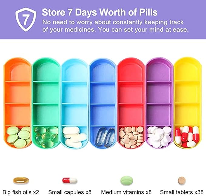Weekly Stackable Pill Organizer, 4 Times A Day Pill Organizer Box Morning, Noon, Evening, and Bedtime,7 Stackable Compartments，White casing