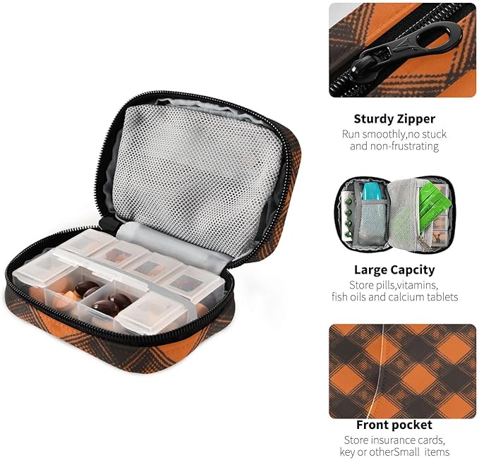 Halloween Plaid Orange Travel Pill Organizer Case Box Container Weekly Portable Vitamin Medicine Holder Storage Bag with Zipper Removable