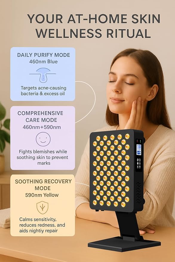 Blue/Yellow Light Therapy – 460/590nm Wavelengths Full Body Blue Yellow Light Therapy Device, Touch Control & HD Display, 70 LEDs Ideal for Body, Face, Improve, 350W Black