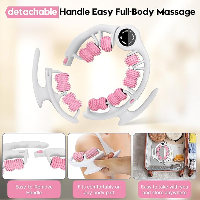 Anti-Cellulite Massage Roller with Detachable Handles | Lymphatic Drainage Massager & Fascia Blaster for Legs, Thighs, Buttocks | Tool for Deep Tissue Pain Relief & Smoother, Contoured Skin (Pink)