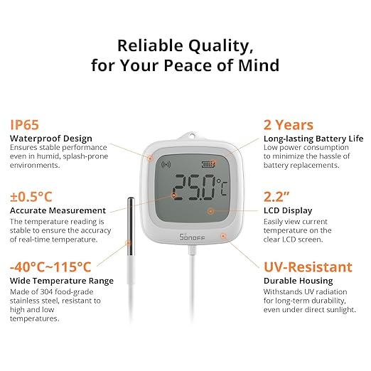 SONOFF SNZB-02LD Zigbee Waterproof Temperature Sensor with 1.5M Stainless Steel Probe, LCD Display, -40~115°C Range, APP Monitoring, Magnetic Mount, Works with Zigbee Hub