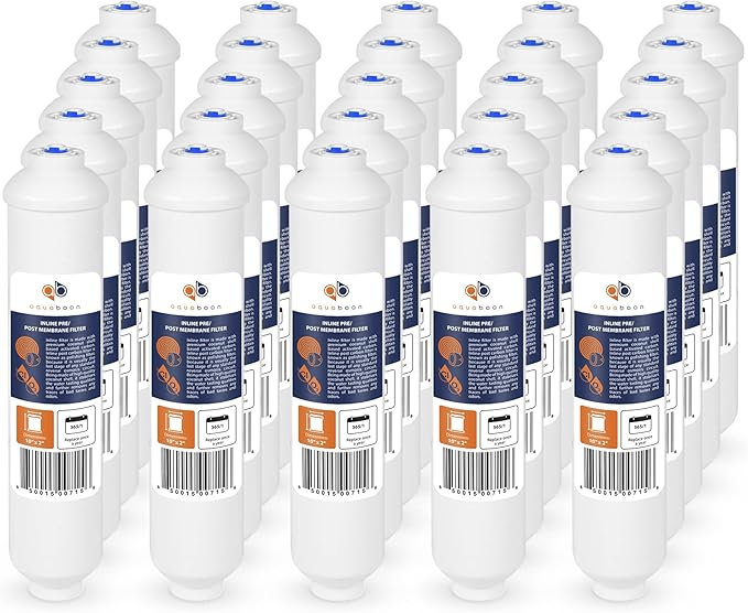 Aquaboon T33 Inline Post Activated Carbon Water Filter for Refrigerator, Ice Maker w/Quick Connect for 1/4 Water Line Compatible with ICF-10, 25-Pack