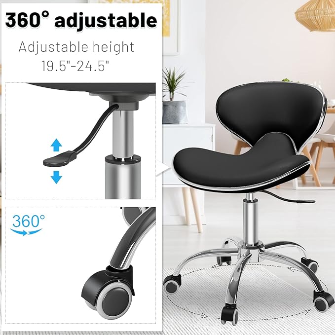 Multi-Purpose Adjustable Rolling Stool with Backrest,Drafting Spa Bar Medical Salon Tattoo Stool Chair with Wheels 360 Swivel,Heavy Duty,400lbs Weight Capacity,Black