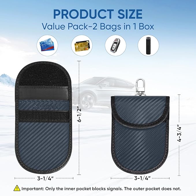 TICONN 2PK Faraday Bags for Car Keys Fob, 3.25"X4.75" Faraday Cage Protector, Car RFID Signal Blocking, Anti-Theft Pouch Anti-Hacking Case Blocker (Navy, S)