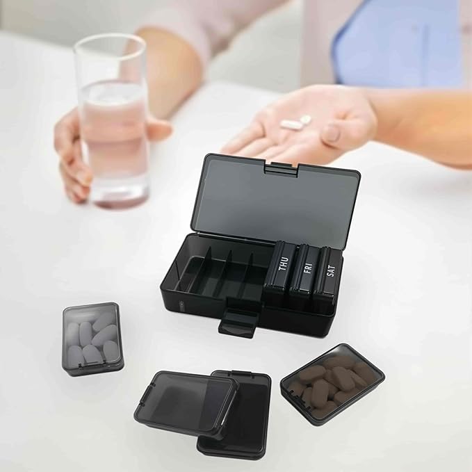 Weekly Pill Box Mini Storage Box, 7 Days Pill Case with Shell,Multi-Functional Clear Plastic Storage Containers Cute Travel Pill Organizer Case Portable for Pocket Purse Briefcase (Black) (Black)