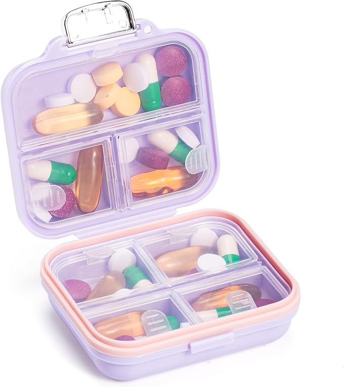 Daviky Travel Pill Organizer,Small 7-Compartment Pill Box for Vitamins & Medications, Compact Medicine Case for Pocket or Purse(Purple)