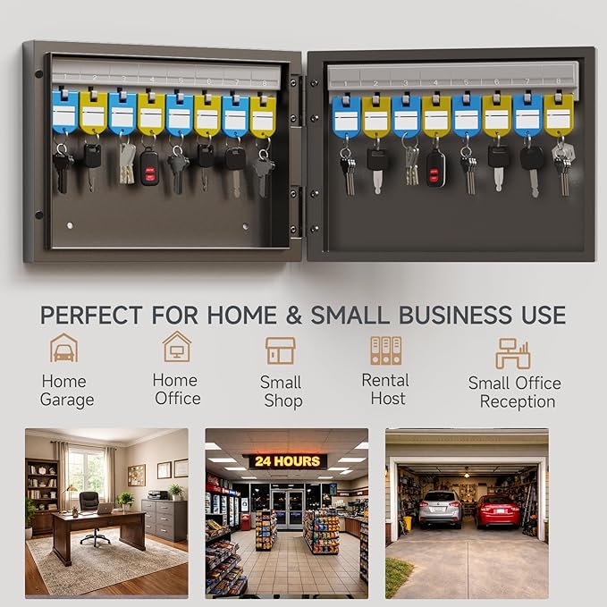 16 Key Lock Box – Wall Mounted Key Cabinet with Magnetic Door & Key Tags, Steel Lockable Key Organizer for Home, Garage & Small Office