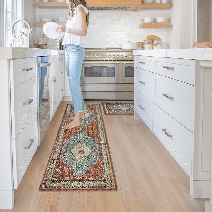 Collive Boho Kitchen Mats 2PCS, Cushioned Kitchen Mat for Floor Anti Fatigue Waterproof Kitchens Rugs Set of 2, Non Skid Comfort Standing Rug for Office, Sink, Laundry, 17.3"x29"+17.3"x47"