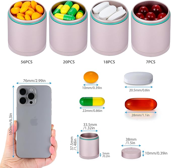 Pill Case Compatible with AirTag, Waterproof Aluminum Pill Box for Travel, Portable Single Day Pill Holder for Medicine Vitamin Fish Oil or Earplugs, Jewelry and Pill Storage (Pink)