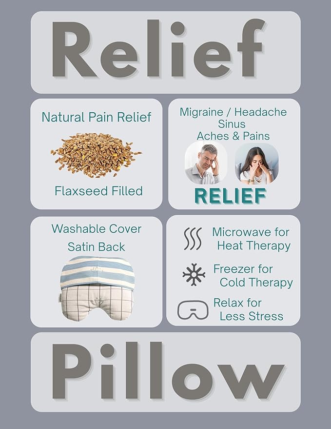 Migraine Relief Eye Pillow Masks with Bonus Washable Cover: Flaxseed Filled for Hot and Cold Pain Relief Therapy (Adult, White and Black, Blue and Ivory Stripe)