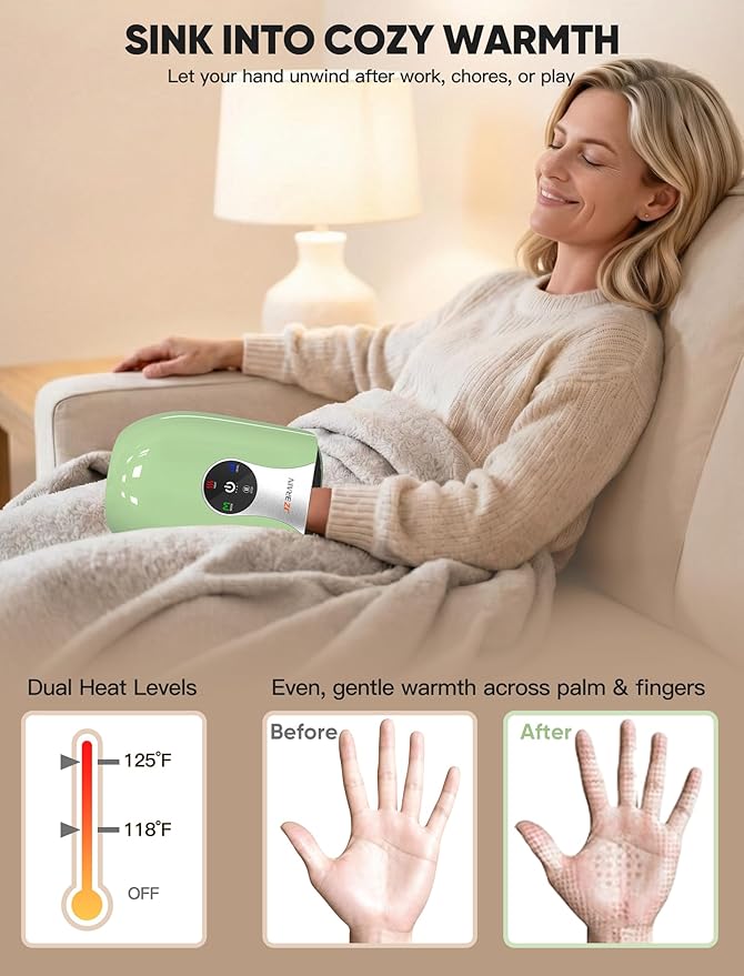 Hand Massager with Heat and Compression : Cordless Heated Hand and Wrist Massager for Palm, Fingers, and Comfort Relief – 4 Modes 6 Intensities, Portable Rechargeable, Wife Husband (Green)