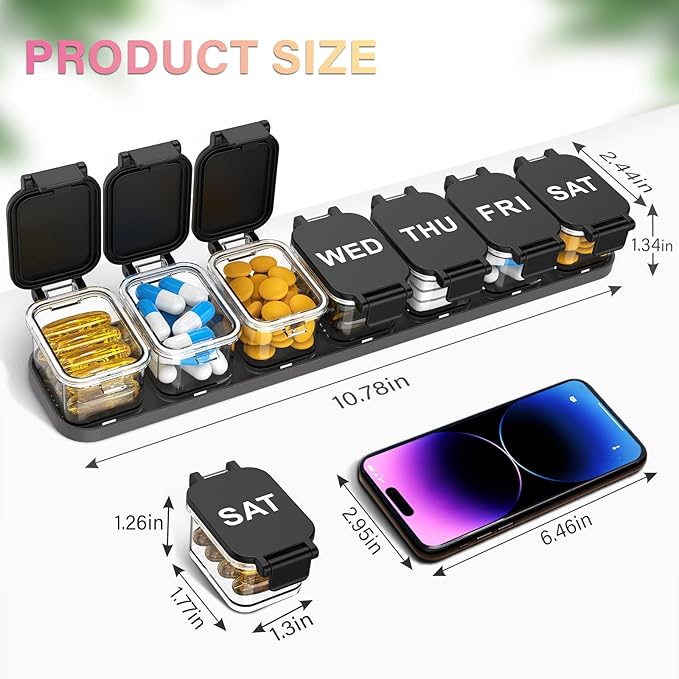 2-Pack Extra Large Weekly Pill Organizer, Travel Pill Box 7 Days, XL Vitamin Holder with 7 Detachable Compartments, Protable Medicine Organizer for Home and Travel