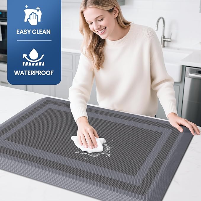 KitchenClouds [2 PCS] Kitchen Rugs Cushioned Anti-Fatigue Kitchen Mats for Floor Waterproof Kitchen Rug Set Non-Slip Comfort Standing Mat for Office, Sink, Laundry 20"×30"+20"×60", Grey