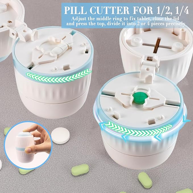 4 in 1 Pill Cutter Crusher Fine Powder with Storage, 1/4 1/2 Pill Cutter Splitter for Cutting Small and Large Pills, Ideal for Cutting Tablets, Vitamins