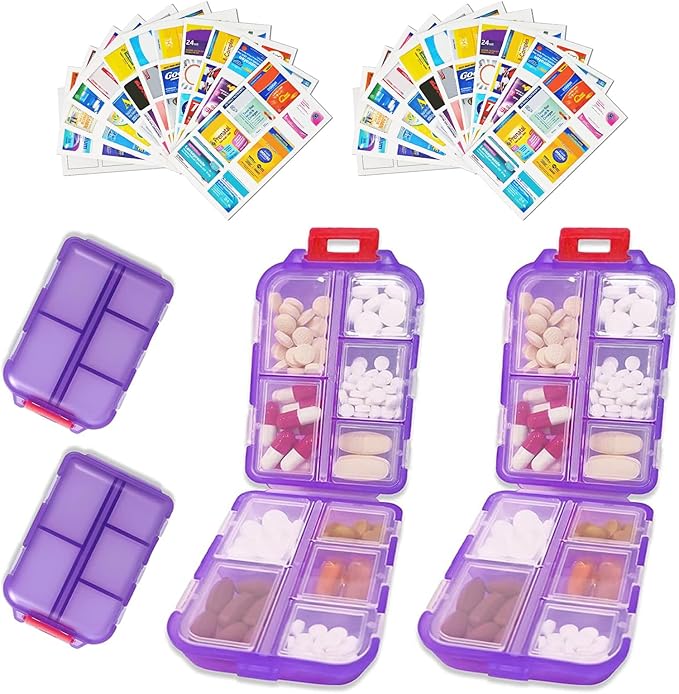 2PCS 7-Day Pill Organizer with Labels – Travel Pill Case, Daily Medication Organizer | Compact & Secure | Fits in Pocket/Purse (3.7” x 2.4”)