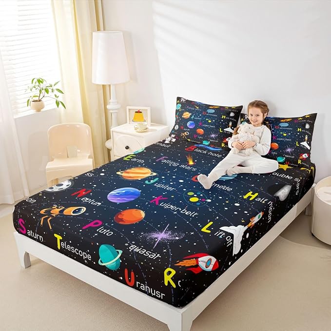 Alphabet Outer Space Astronaut Fitted Sheet Twin Size, ABC Planet Bed Sheet Set Kids Toddler Galaxy Bedding Set ABC Alphabet Learning Bed Cover Bed Set 2Pcs (No Flat Sheet)