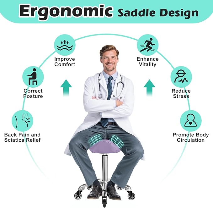 Saddle Stool with wheels Ergonomic - Heavy Duty 400lbs, Upgraded Thick Saddle Cushion, Healthy Posture Correction, Swivel Adjustable Rolling Saddle Stool, Saddle Chair for Salon Massage Home (Purple)