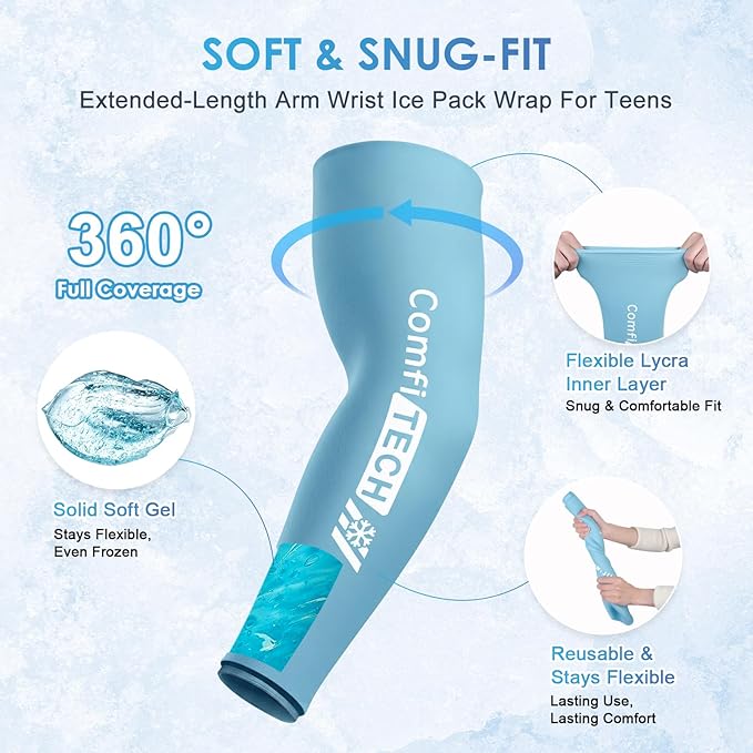 Comfitech 2 Pack Youth Full Arm Elbow Ice Pack Sleeve for Tennis, Golfers, Throwing, Pitchers, Young Athletes, Flexible Cold Pack for Forearm Discomfort, Muscle Relaxation & Outdoor Sport, Large