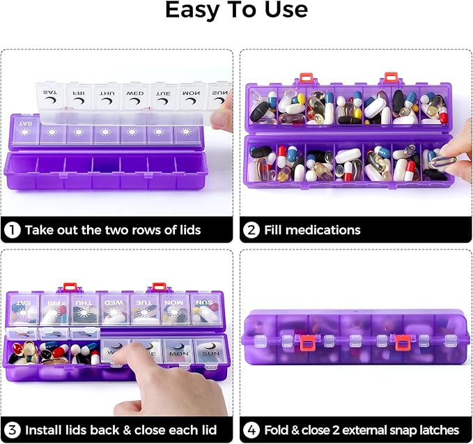 Foldable Pill Organizer Weekly 2 Times a Day, 7 Day Portable AM PM Travel Pill Case with Black&White Labels, Dual-Protection Daily Medicine Box, Large Pill Holder for Vitamin/Supplement-Clear Purple