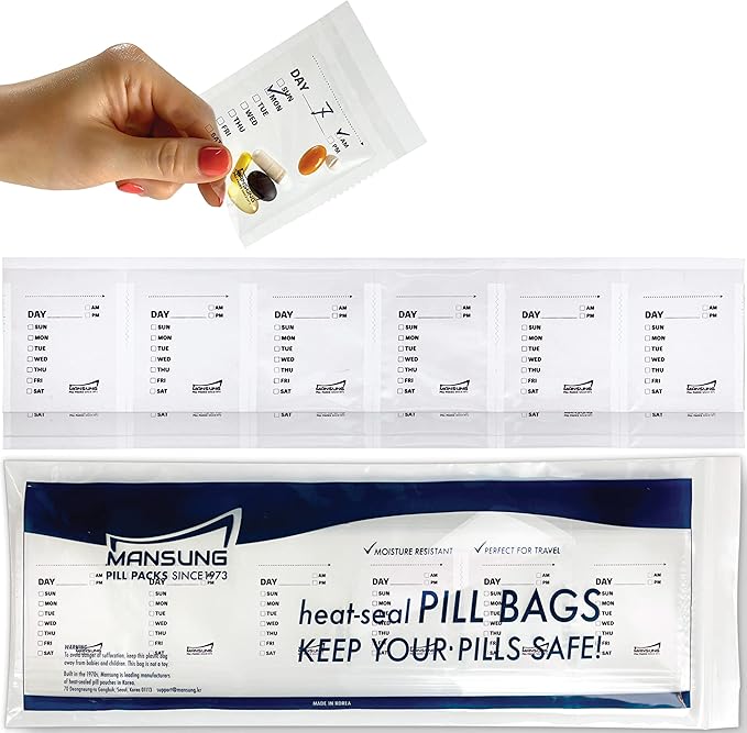 Mansung M 600 Bags/Week, Heat Seal Pill Bag pouche Pack Sealed for Medicine Funnel Tray Loading AM PM Organizer Dispenser kit Daily Sealing Filler Vitamin sorter envelopes Machine Blister Packs