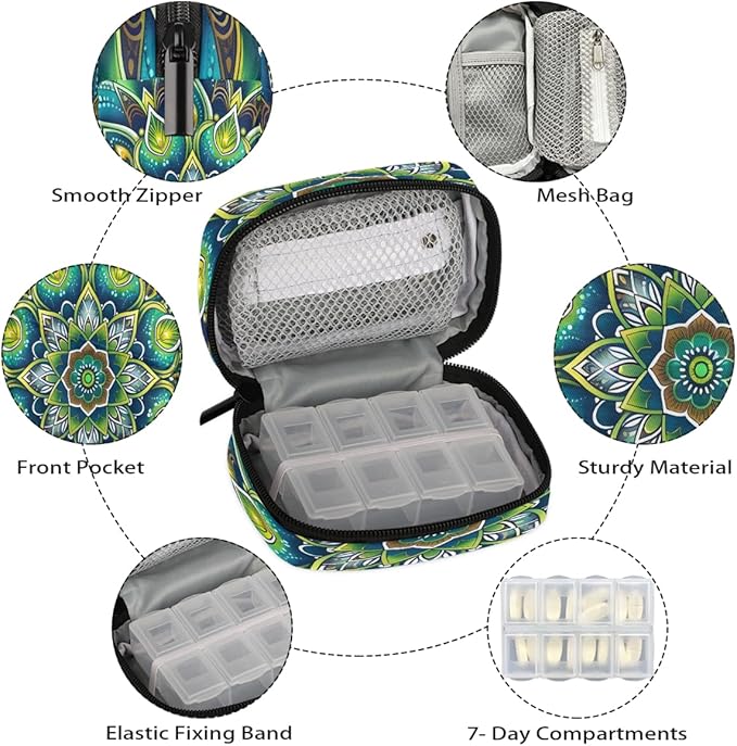 Boho Mandala Pattern Pill Case Everyday Travel, 7 Day Weekly Medicine Pill Box Compact Portable Pills Bottle Organizer with Zipper for Daily Vitamin Medicine Holder Bottle Organizers Bag