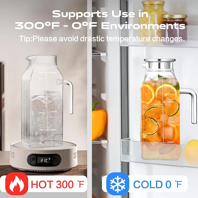 Aofmee 68oz Glass Pitcher for Fridge, 2 Liter Square Water Pitcher with Lid and Handle, Heat Resistant Tea Pitchers, Borosilicate Glass Carafe with Scale Line for Hot/Cold Beverage