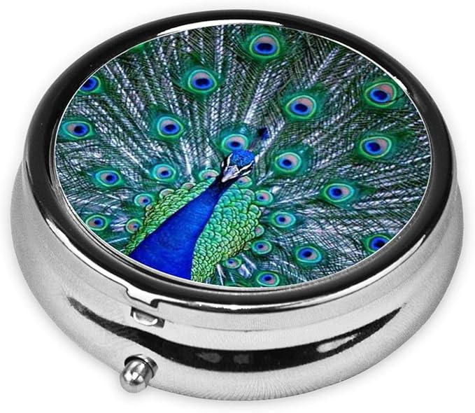 Men Women Round Pill Box Medicine Pill Case, Peacock Feather with Eye Birds Portable Medicine Tablet Vitamin Holder Organizer for Purse Pocket Travel Gift