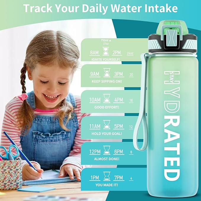 Water Bottle with Straw, 27oz Motivational Water Bottles with Time Marker to Drink, Tritan BPA Free, 750ml Sports Water Bottle with Carry Strap LeakProof for School Fitness Outdoor (1Pack)