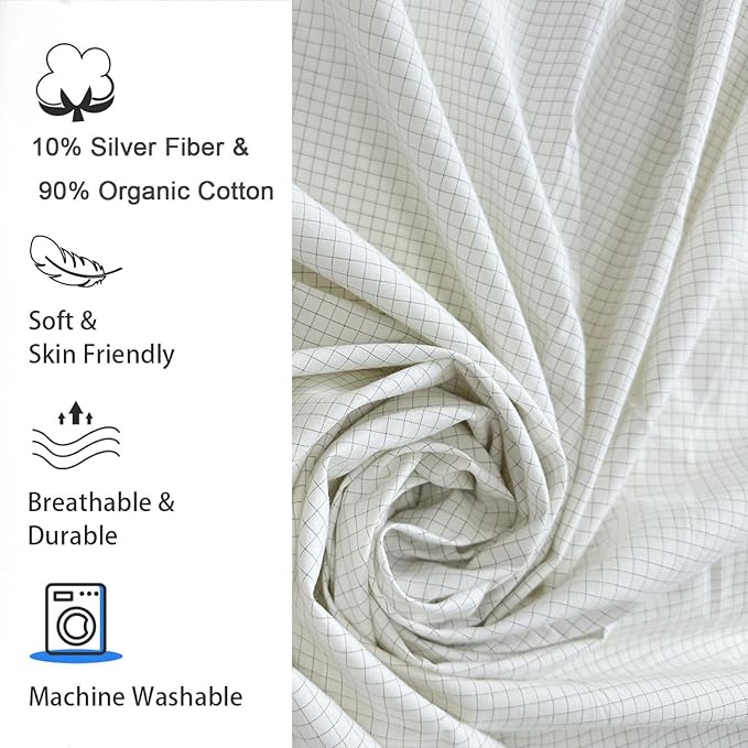 Grounding Sheets 90"x102" for Queen King Full CALI-King, Upgraded 10% Conductive Silver Fiber, 90% Organic Cotton for Improved Sleep, Square Grid White Grounded Bed Flat Sheet
