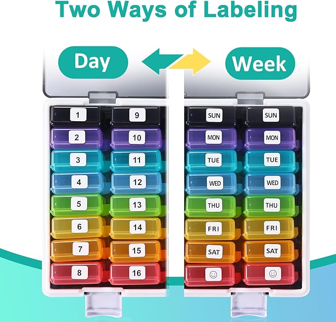 Fullicon Monthly Pill Organizer 1 Time a Day with 32 Compartments, 30 Day Pill Organizer with Labels, Portable Medicine Pill Organizer for Vitamin, Fish Oil, Supplements (Black/Rainbow)